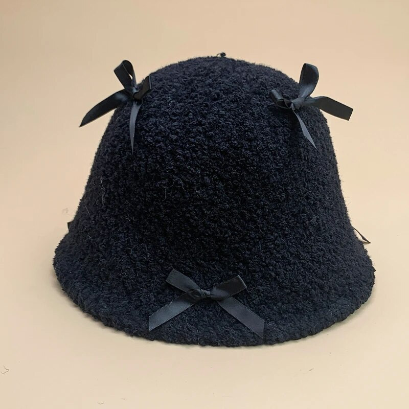 Bow Solid Cute Bucket Cepures Kokvilnas Siltas Jaunas Sieviešu Modes Rudens un Ziemas Granulēts Samts Korejiešu Ērti Daudzpusīgi Eleganti