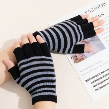 1 чифт унисекс черни ивици с половин пръст ръкавици без пръсти за жени Вълнени плетени памучни ръкавици за китката Зимни топли мъжки тренировъчни ръкавици