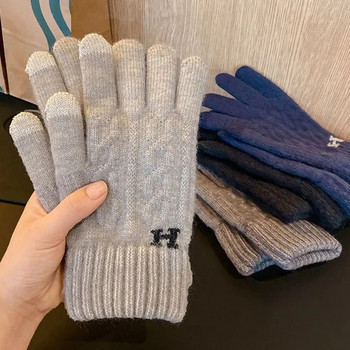 Есен Зима Мъжки плетени ръкавици Сензорен екран Висококачествени вълнени едноцветни ръкавици Мъжки ръкавици с ръкавици Топли ръкавици за езда Шофьорски поларени ръкавици