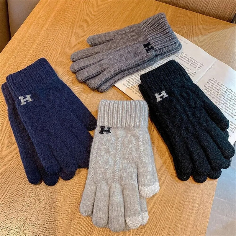 Toamnă Iarnă Mănuși tricotate pentru bărbați Ecran tactil Mănuși de lână de înaltă calitate de culoare solidă Mănuși pentru bărbați Mănuși de călărie calde din lână