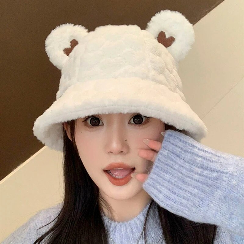 Aranyos kis medvefülek plüss vödörsapkák új női férfi őszi és téli divat puha és kényelmes sokoldalú, meleg napelemes édes