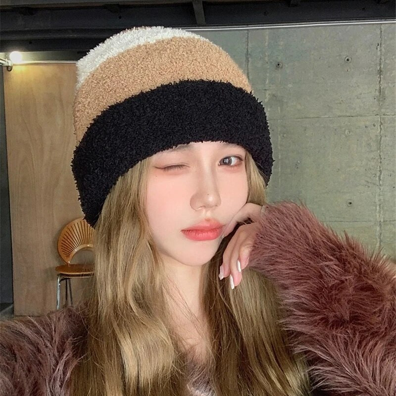 Prugaste berberske pletene kape od flisa Svestrane muške žene Tople nove udobne korejske modne jesenske i zimske boje