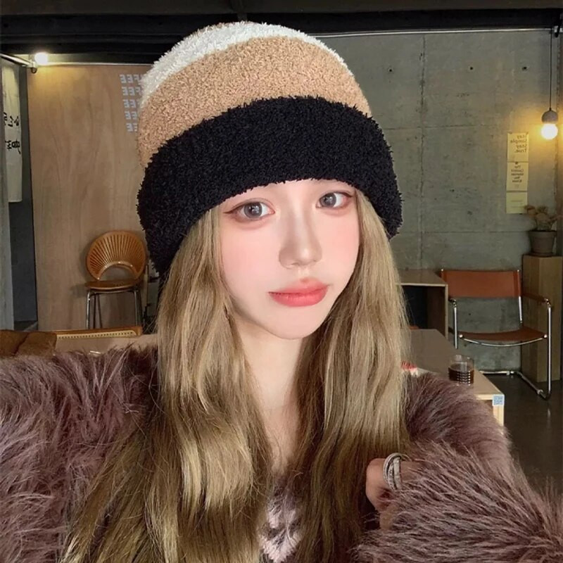 Prugaste berberske pletene kape od flisa Svestrane muške žene Tople nove udobne korejske modne jesenske i zimske boje