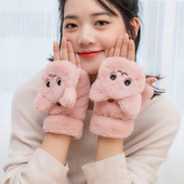 Modne ženske plišane tople rukavice od krzna zeca, mačje rukavice Preklopne rukavice bez prstiju Mekane debele fleksibilne zimske rukavice za djevojčice na pola prsta