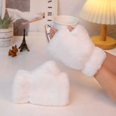 Modne ženske plišane tople rukavice od krzna zeca, mačje rukavice Preklopne rukavice bez prstiju Mekane debele fleksibilne zimske rukavice za djevojčice na pola prsta