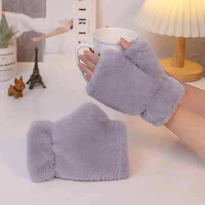 Modne ženske plišane tople rukavice od krzna zeca, mačje rukavice Preklopne rukavice bez prstiju Mekane debele fleksibilne zimske rukavice za djevojčice na pola prsta