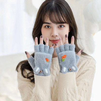 Modne ženske plišane tople rukavice od krzna zeca, mačje rukavice Preklopne rukavice bez prstiju Mekane debele fleksibilne zimske rukavice za djevojčice na pola prsta