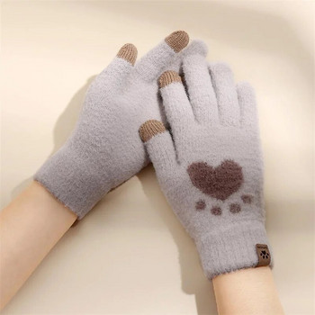 Модни ръкавици с отпечатък на котешки лапи, мобилен телефон, сензорен екран, плетени ръкавици, зимни дебели и топли меки пухкави ръкавици за възрастни, мъже, жени