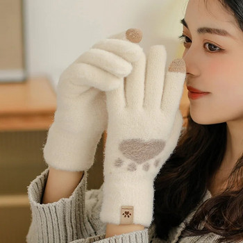 Модни ръкавици с отпечатък на котешки лапи, мобилен телефон, сензорен екран, плетени ръкавици, зимни дебели и топли меки пухкави ръкавици за възрастни, мъже, жени