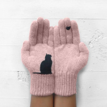 Зимни ръкавици за мъже, жени, тийнейджъри, термо плетени ръкавици с принт на сладки котки и птици, ветроустойчиви зимни топли ръкавици, меки ръкавици