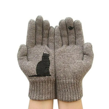 Зимни ръкавици за мъже, жени, тийнейджъри, термо плетени ръкавици с принт на сладки котки и птици, ветроустойчиви зимни топли ръкавици, меки ръкавици