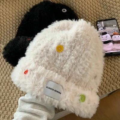 Y2k jesenska plišana ribarska kapa s gumbima za pletenje zimskih toplih panamskih kapa šešira Kapa od umjetnog krzna Široke kape