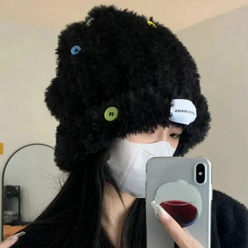 Y2k jesenska plišana ribarska kapa s gumbima za pletenje zimskih toplih panamskih kapa šešira Kapa od umjetnog krzna Široke kape