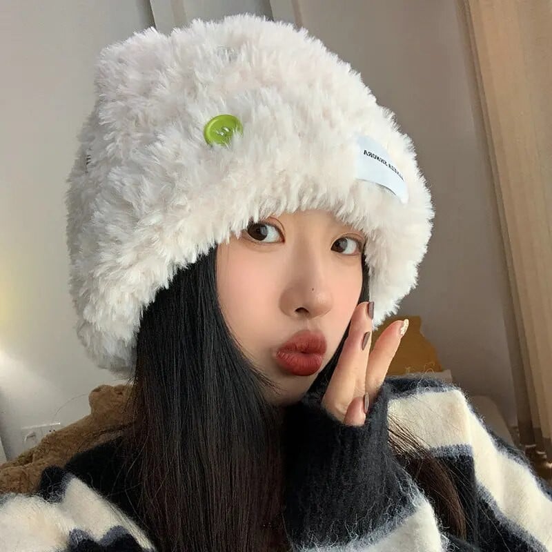 Y2k jesenska plišana ribarska kapa s gumbima za pletenje zimskih toplih panamskih kapa šešira Kapa od umjetnog krzna Široke kape