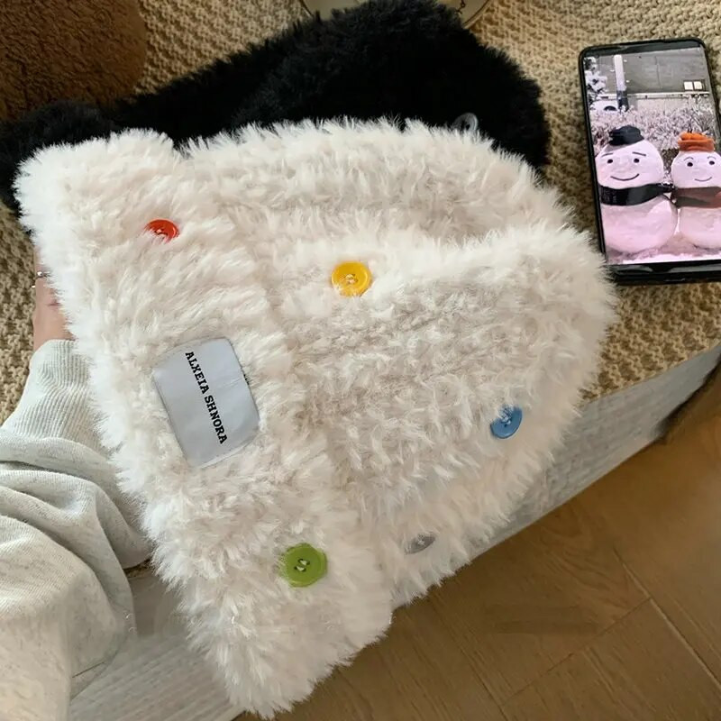 Y2k jesenska plišana ribarska kapa s gumbima za pletenje zimskih toplih panamskih kapa šešira Kapa od umjetnog krzna Široke kape