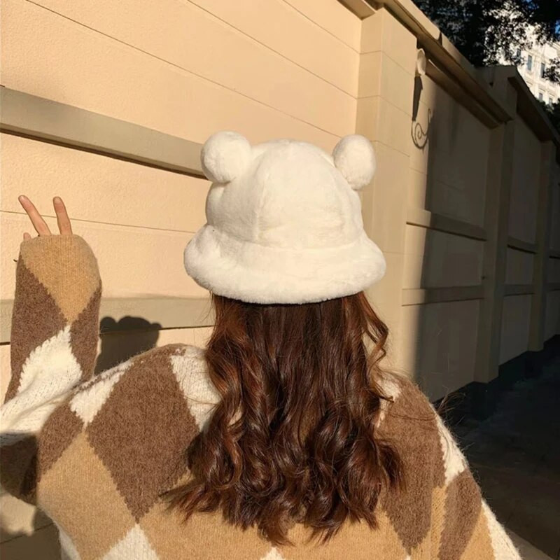 Korejiešu sieviešu siltas cepures rudens ziemas cepures leoparda kažokādas spainis cepure Lācis auss bumba plīša mīksts sildītājs sabiezināta aizsardzība kausa vāciņš