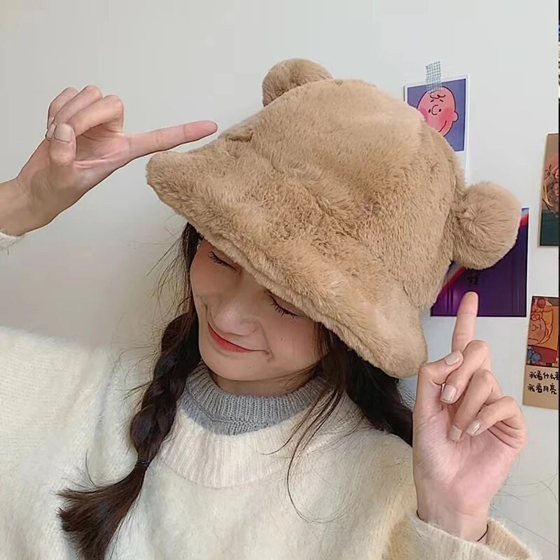 Korejiešu sieviešu siltas cepures rudens ziemas cepures leoparda kažokādas spainis cepure Lācis auss bumba plīša mīksts sildītājs sabiezināta aizsardzība kausa vāciņš