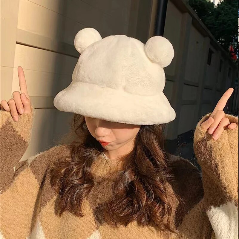 Korejiešu sieviešu siltas cepures rudens ziemas cepures leoparda kažokādas spainis cepure Lācis auss bumba plīša mīksts sildītājs sabiezināta aizsardzība kausa vāciņš