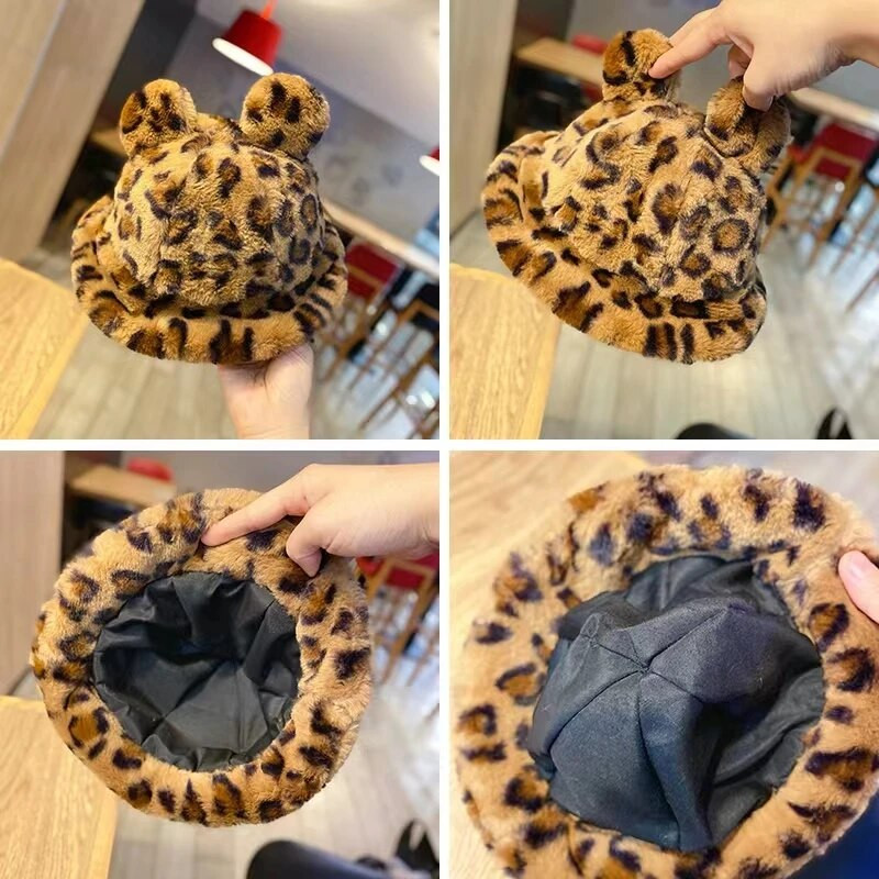 Korejiešu sieviešu siltas cepures rudens ziemas cepures leoparda kažokādas spainis cepure Lācis auss bumba plīša mīksts sildītājs sabiezināta aizsardzība kausa vāciņš