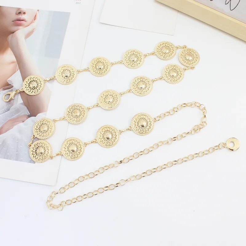 NAVAJO MEDALJON REMEN Vintage jugozapadno zlato 90-ih, filigranski metalni medaljon s okruglim žigom Concho lančić, remen Nakit i dodatak