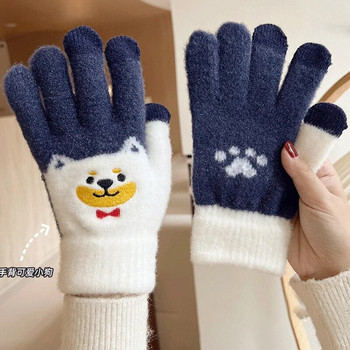 Унисекс сладки ръкавици с принт на кучета Мобилен телефон Плетени ръкавици със сензорен екран Зимни дебели и топли меки пухкави ръкавици за възрастни мъже и жени