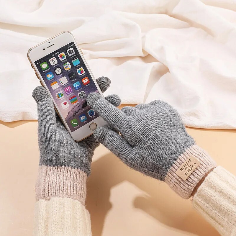 Rudens ziemas silti adīti pilni pirksti cimdi vienkrāsaini vilnas skārienekrāna dūraiņi plīša, biezināti, mīksti riteņbraukšanas cimdi