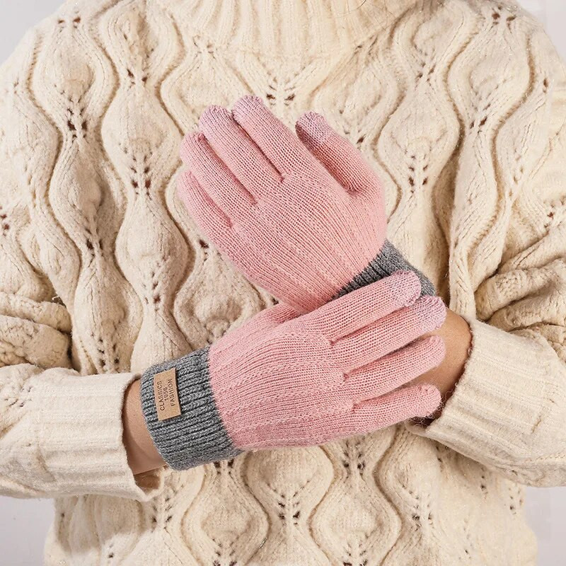 Rudens ziemas silti adīti pilni pirksti cimdi vienkrāsaini vilnas skārienekrāna dūraiņi plīša, biezināti, mīksti riteņbraukšanas cimdi