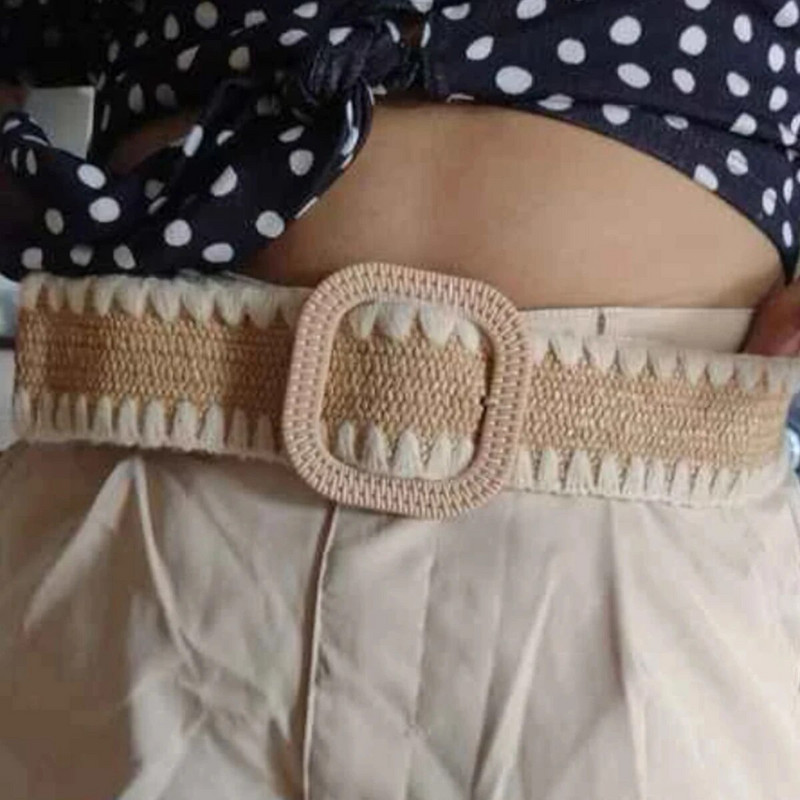 Novi boho ženski pojasevi s kopčom za proljeće ljeto, modni ženski pleteni široki remen, dizajnerski tkani elastični PP pojas od slame i trave