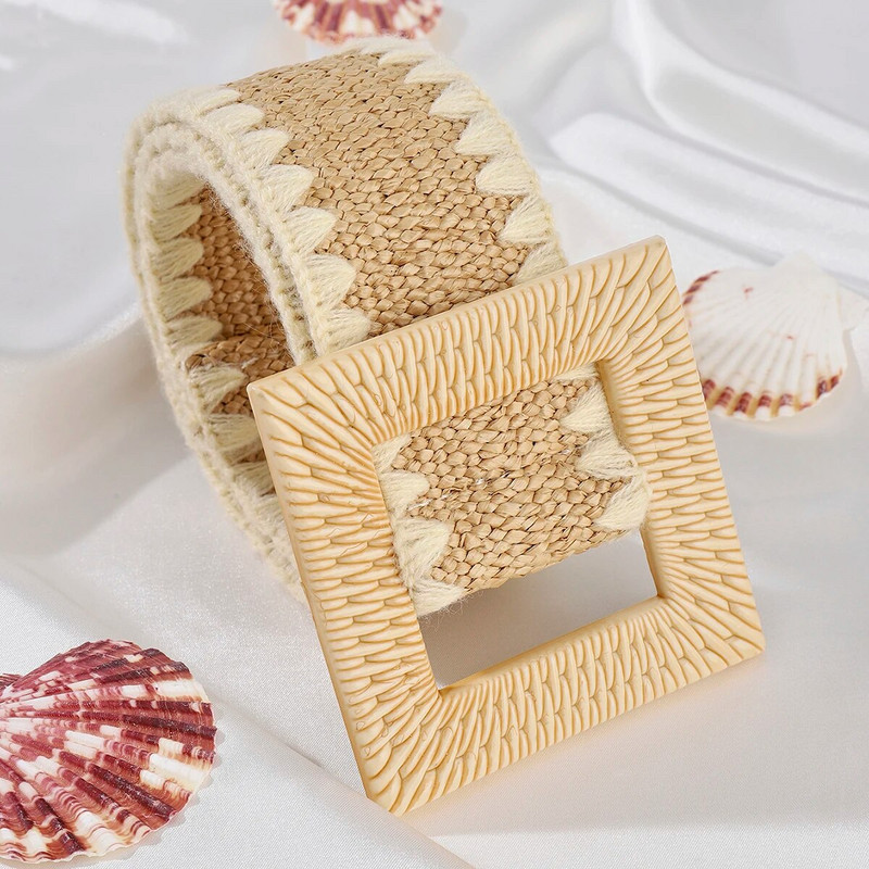 Novi boho ženski pojasevi s kopčom za proljeće ljeto, modni ženski pleteni široki remen, dizajnerski tkani elastični PP pojas od slame i trave