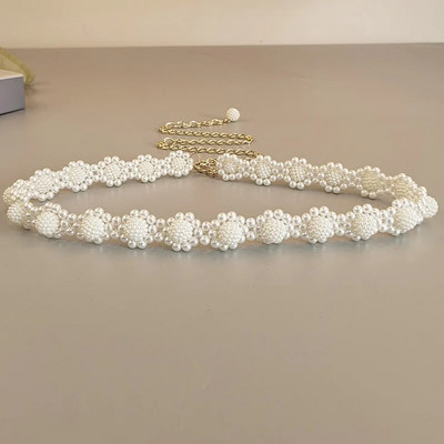 Ženska košulja s bijelim bisernim pletenicama, ukrasni lanac oko struka, gotički, elegantni remen s privjeskom od bisera za žene