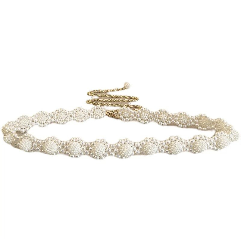 Ženska košulja s bijelim bisernim pletenicama, ukrasni lanac oko struka, gotički, elegantni remen s privjeskom od bisera za žene