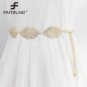 Lapas formas doba ķēdes josta sievietēm Eleganta zelta sudraba krāsas metāla jostasvieta Sieviešu modes kāzu kleitas jostas siksna