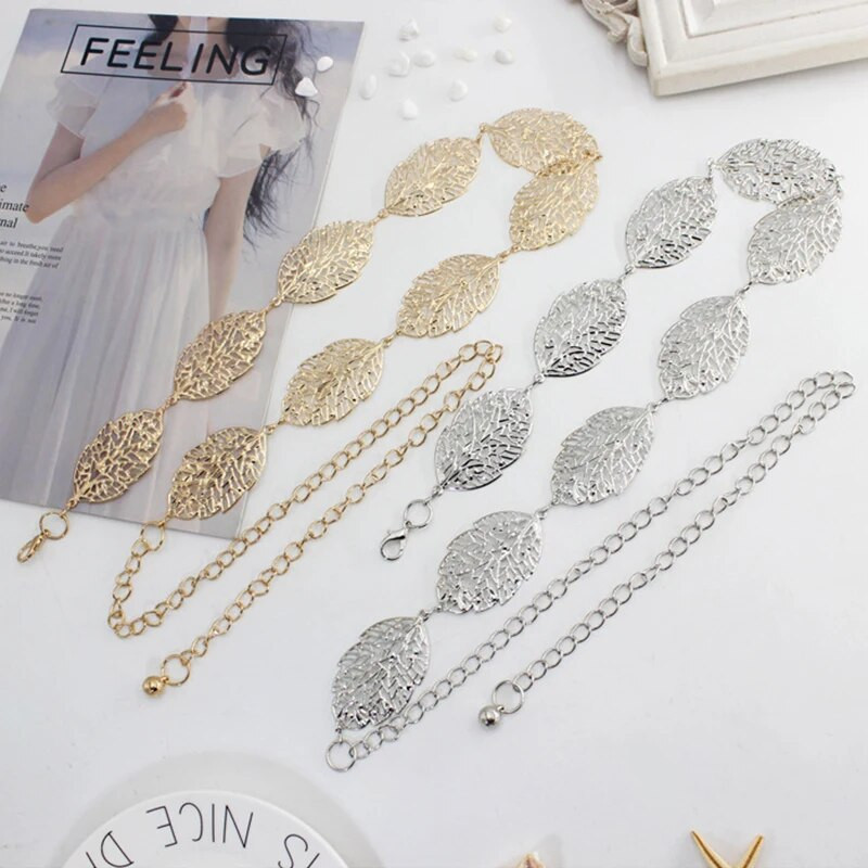 Lapas formas doba ķēdes josta sievietēm Eleganta zelta sudraba krāsas metāla jostasvieta Sieviešu modes kāzu kleitas jostas siksna