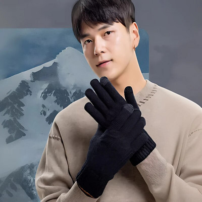 Winter Thicken Keep Warm Мъжки плетени ръкавици Едноцветни сиви черни висококачествени бизнес шофиране Колоездене Мъжки ръкавици с цял пръст