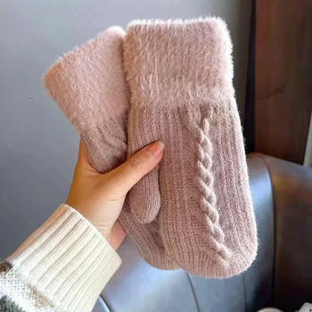 1 чифт зимни топли вълнени плетени ръкавици за жени Удебелени усукани цветя ръкавици с ръкавици Едноцветни цял пръст Ръкавици за колоездене на открито