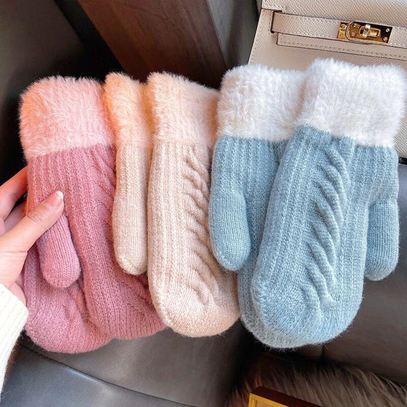 1 par zimskih toplih vunenih pletenih rukavica za žene Thicken Twist Flowers rukavice jednobojne biciklističke rukavice na otvorenom pune prste