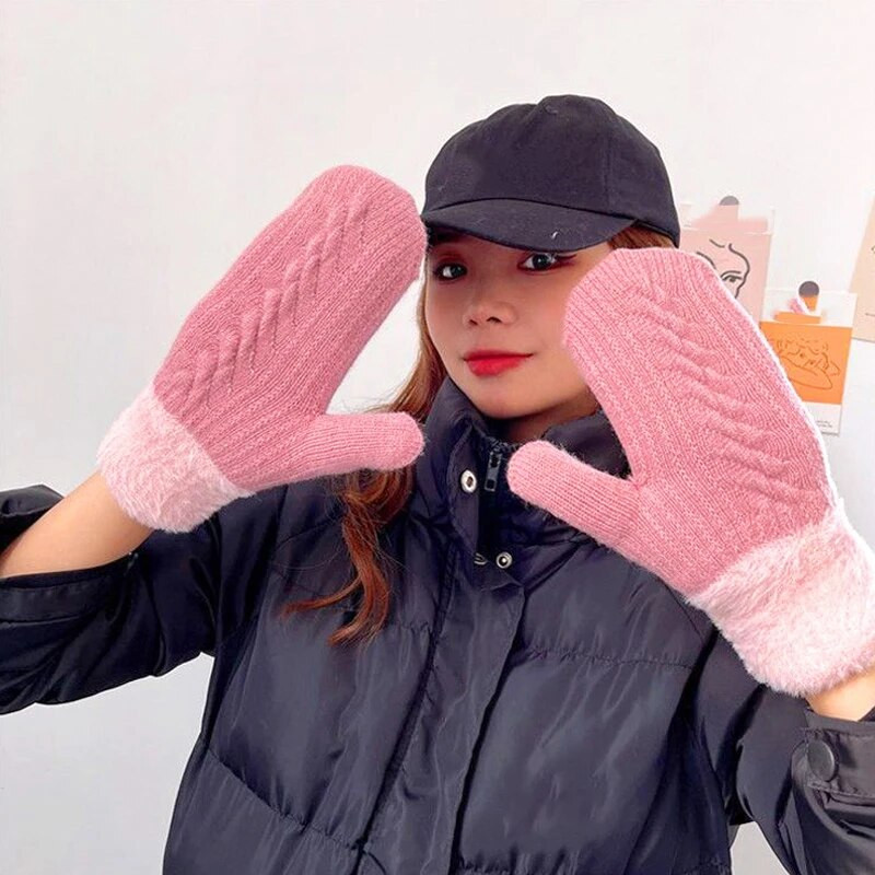 1 par zimskih toplih vunenih pletenih rukavica za žene Thicken Twist Flowers rukavice jednobojne biciklističke rukavice na otvorenom pune prste