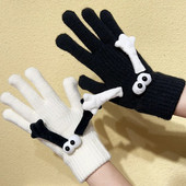 Téli kötött kéz a kézben kesztyűk fekete-fehér mágneses elasztikus felcsúsztatható vicces nagy szemű ujjatlan ujjatlan kreatív rajzfilm