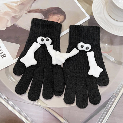 Téli kötött kéz a kézben kesztyűk fekete-fehér mágneses elasztikus felcsúsztatható vicces nagy szemű ujjatlan ujjatlan kreatív rajzfilm