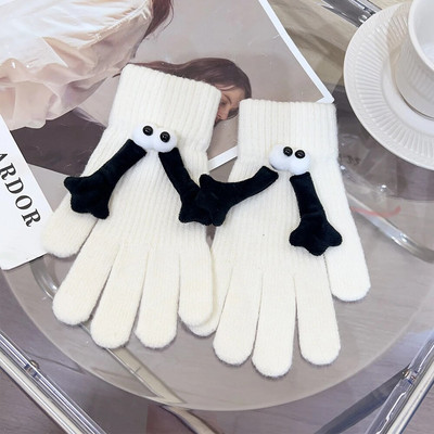 Téli kötött kéz a kézben kesztyűk fekete-fehér mágneses elasztikus felcsúsztatható vicces nagy szemű ujjatlan ujjatlan kreatív rajzfilm