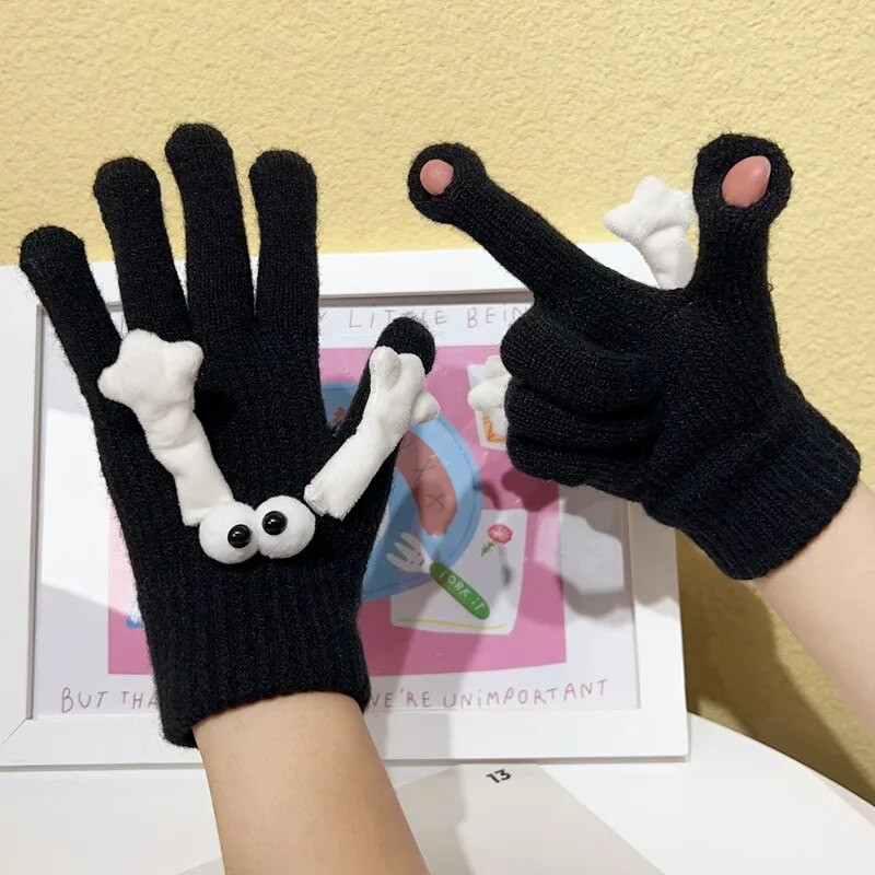 Téli kötött kéz a kézben kesztyűk fekete-fehér mágneses elasztikus felcsúsztatható vicces nagy szemű ujjatlan ujjatlan kreatív rajzfilm