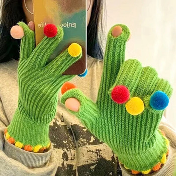 Зимни плетени ръкавици Удебелени топли ръкавици със сензорен екран Унисекс еластични вълнени ръкавици с цветен помпон Пълен пръст Guantes Outdoor