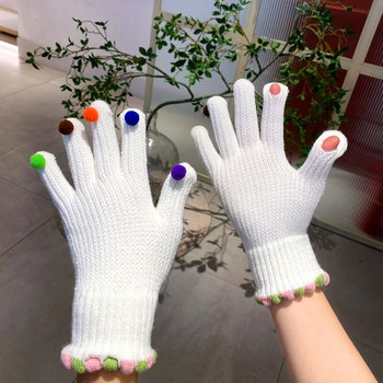 Χειμερινά πλεκτά γάντια παχύρρευστα ζεστά γάντια αφής Unisex μαλλί ελαστικά γάντια πολύχρωμα πομπόν Full Finger Guantes Outdoor