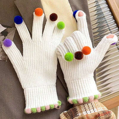 Zimske pletene rukavice, deblje, tople rukavice sa zaslonom osjetljivim na dodir Unisex rastezljive vunene rukavice, šarene pompone, pune prste Guantes za van