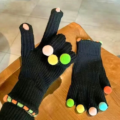 Zimske pletene rukavice, deblje, tople rukavice sa zaslonom osjetljivim na dodir Unisex rastezljive vunene rukavice, šarene pompone, pune prste Guantes za van