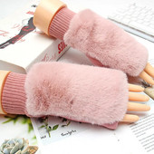 1 Pāris rudens ziemas silti puspirksta cimdi Sievietēm Mākslīgās truša kažokādas pūkaini cimdi bez pirkstiem elastīgi plaukstas locītavu sildītāji, adīti dūraiņi
