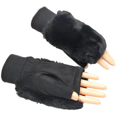 1 Pāris rudens ziemas silti puspirksta cimdi Sievietēm Mākslīgās truša kažokādas pūkaini cimdi bez pirkstiem elastīgi plaukstas locītavu sildītāji, adīti dūraiņi
