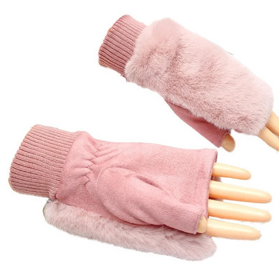 1 Pāris rudens ziemas silti puspirksta cimdi Sievietēm Mākslīgās truša kažokādas pūkaini cimdi bez pirkstiem elastīgi plaukstas locītavu sildītāji, adīti dūraiņi