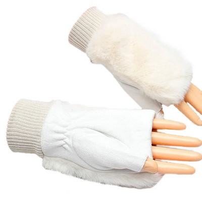 1 Pāris rudens ziemas silti puspirksta cimdi Sievietēm Mākslīgās truša kažokādas pūkaini cimdi bez pirkstiem elastīgi plaukstas locītavu sildītāji, adīti dūraiņi