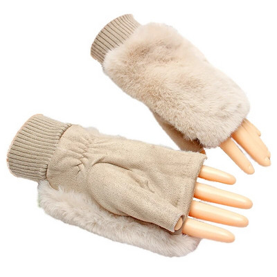 1 Pāris rudens ziemas silti puspirksta cimdi Sievietēm Mākslīgās truša kažokādas pūkaini cimdi bez pirkstiem elastīgi plaukstas locītavu sildītāji, adīti dūraiņi